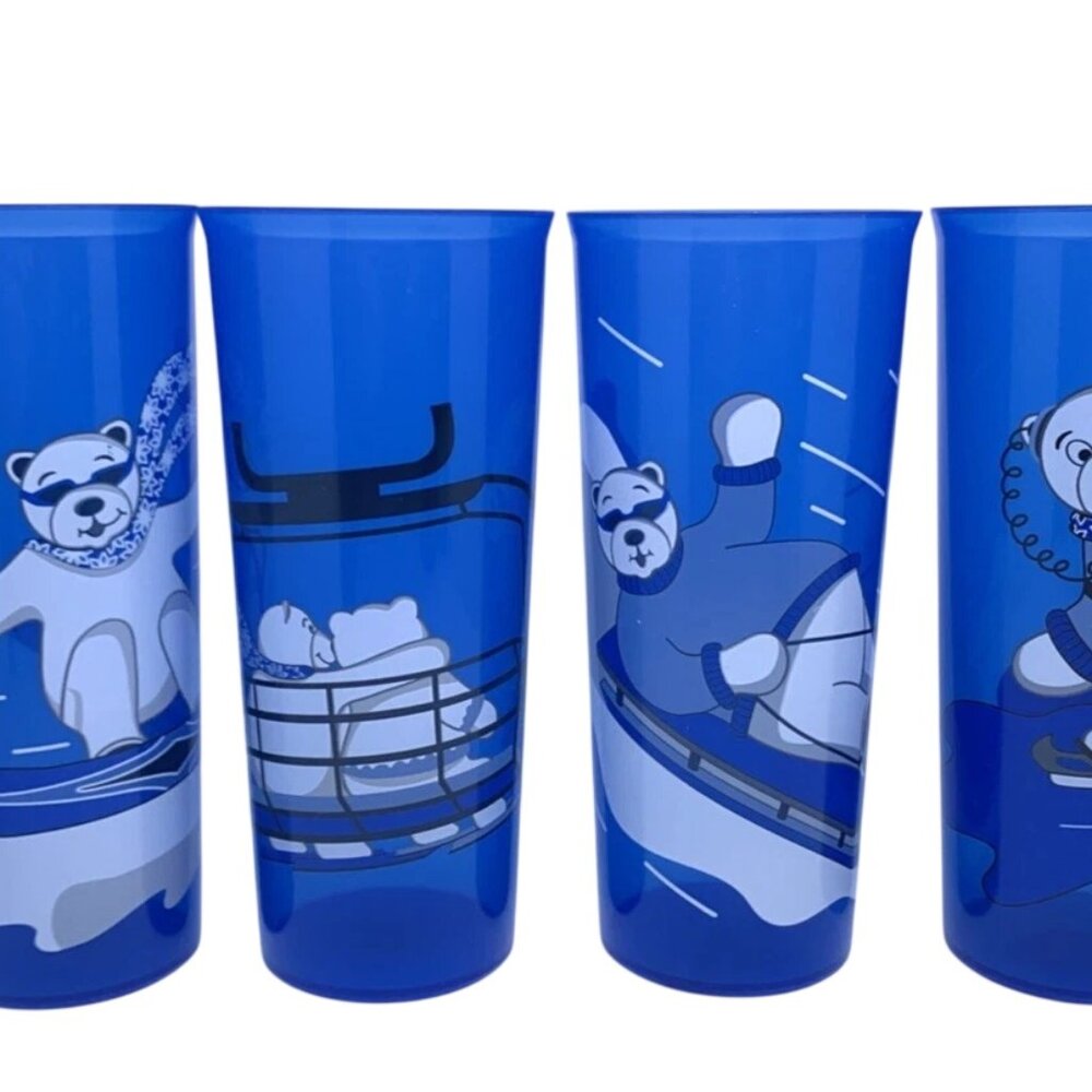 Tupperware Polar Bear Tumbler Glass Set of 4 Plastic #5107A 16oz Cobalt Blue